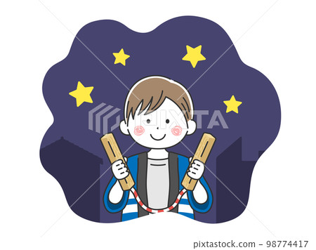 Illustration of a young man watching out for fire at night Illustration of a young man watching out for fire at night 98774417