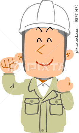 Upper body of a young man wearing work clothes and a helmet with a full smile 98774473