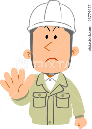 The upper body of a young man wearing work clothes and a helmet showing a gesture of refusal 98774475