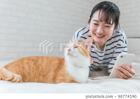 與寵物貓玩耍的亞洲女性在家裡的臥室裡用智能手機拍照 與寵物貓玩耍的亞洲女性在家裡的臥室裡用智能手機拍照 98774590
