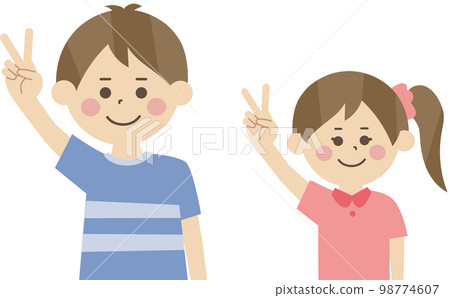 Brother and sister in peace pose, half body 98774607