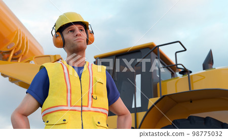 construction worker hard hat yellow bib excavator backhoe heavy equipment 3D illustration construction worker hard hat yellow bib excavator backhoe heavy equipment 3D illustration 98775032