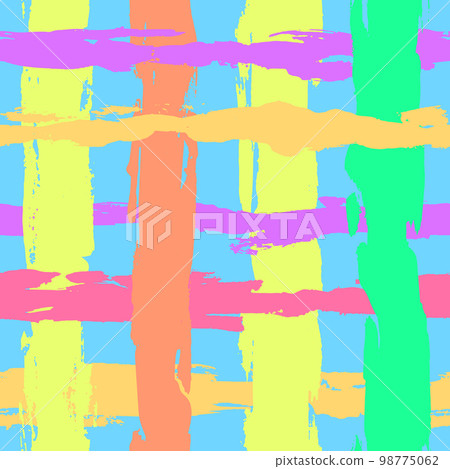 Pastel Blue, Yellow and Pink Hand Drawn Dry Brush Grid Seamless Pattern. 98775062