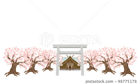 Illustration of a shrine with cherry blossom trees and a stone torii gate Illustration of a shrine with cherry blossom trees and a stone torii gate 98775178