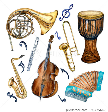 Set of variouse musical instruments and symbol watercolor illustration isolated. 98775662