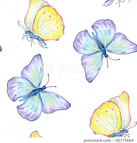 Meadow blue, yellow butterflies watercolor seamless pattern on white. 98775664