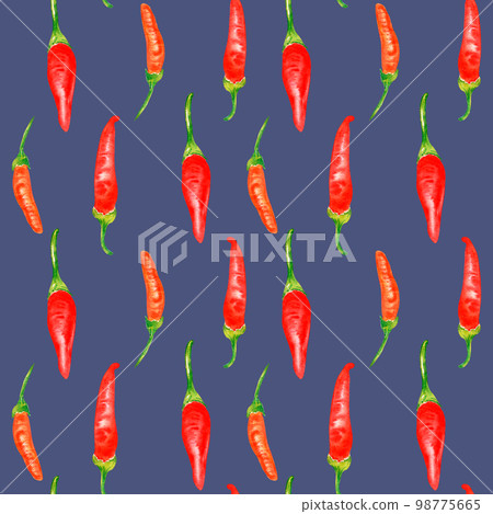 Tabasco hot peppers, capsicums watercolor seamless pattern isolated on blue. 98775665
