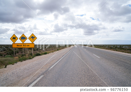 Nullarbor Plains Straight Road and Wildlife Warning Signs Nullarbor Plains Straight Road and Wildlife Warning Signs 98776150