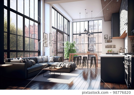 Large open room with kitchen and living room in modern style 98776820