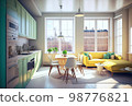 Large open room with kitchen and living room in vintage style 98776821