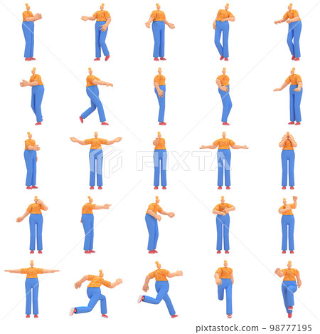 character woman orange shirt blue pants doing activities, 3d rendering character woman orange shirt blue pants doing activities, 3d rendering 98777195