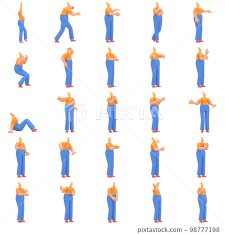 character woman orange shirt blue pants doing activities, 3d rendering character woman orange shirt blue pants doing activities, 3d rendering 98777198
