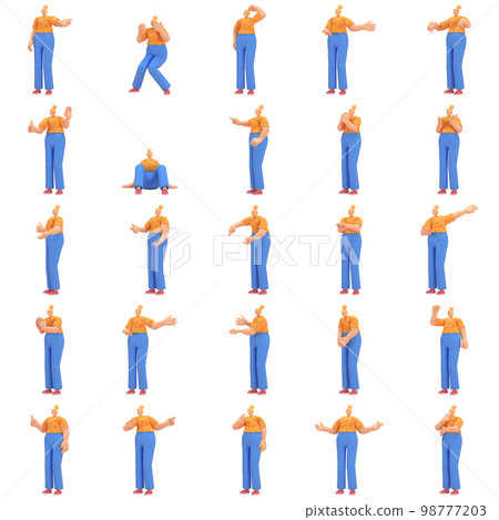 character woman orange shirt blue pants doing activities, 3d rendering character woman orange shirt blue pants doing activities, 3d rendering 98777203