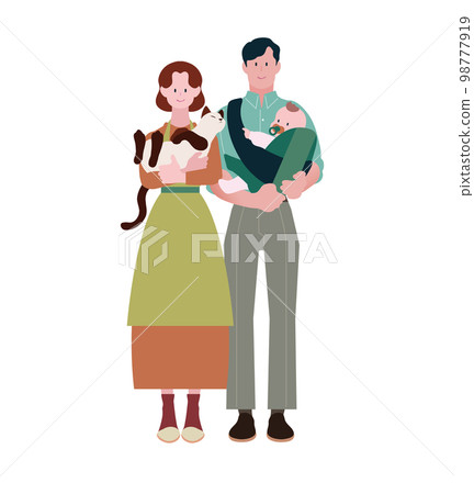 happy family couple child care living with cats family protection cat 98777919