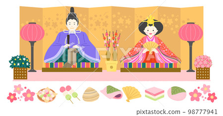 帶有兩個娃娃、一個屏風和配件的 Hinamatsuri 插圖 98777941