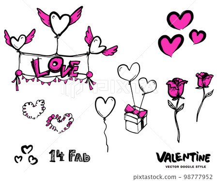 Set of Valentines day elements about love., Cute hand drawn set of icons with hearts.,Valentine's day theme collection., Hand drawn hearts with wings. Vector. 98777952