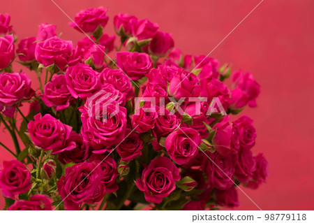 A bouquet of small pink roses on a pink background 98779118