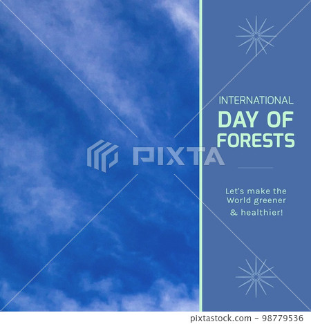 Composition of international day of forests text over sky with clouds on blue background 98779536