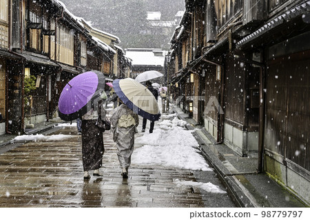 A kimono girl strolling through Higashi Chaya district in the snow 98779797