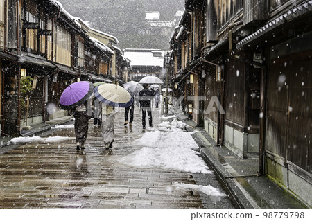 A kimono girl strolling through Higashi Chaya district in the snow A kimono girl strolling through Higashi Chaya district in the snow 98779798