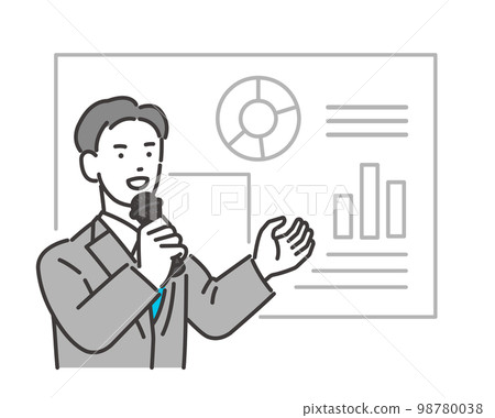 一位男性研討會講師用麥克風/商務/培訓/演示進行演示的矢量插圖素材 98780038