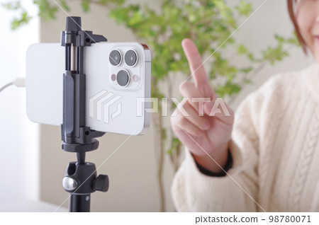 一位女士與固定智能手機交談 一位女士與固定智能手機交談 98780071