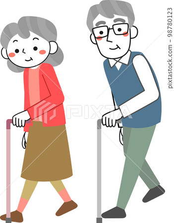 拄著拐杖走路的老年婦女和老年男子 98780123