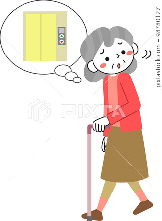 Senior woman walking with a cane while looking for an elevator Senior woman walking with a cane while looking for an elevator 98780127