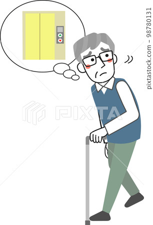 Senior man walking with a cane while looking for an elevator Senior man walking with a cane while looking for an elevator 98780131