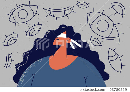 Blindfolded woman feel stalked with numerous eyes  98780239