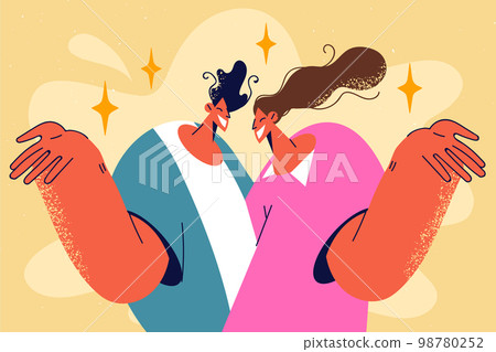 Smiling couple make hand gesture pose together  98780252