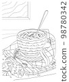 A bowl of soup and two slices of bread. Vector anti stress coloring book. 98780342