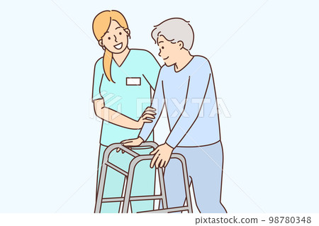 Woman caring for elderly human leaning on stilts for people with disabilities 98780348