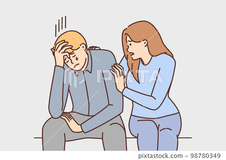 Caring girl comforts crying boyfriend who is upset about failure in career Caring girl comforts crying boyfriend who is upset about failure in career 98780349
