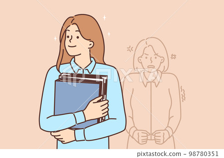 Happy woman office worker standing with folders near angry woman located behind Happy woman office worker standing with folders near angry woman located behind 98780351