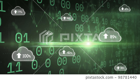 Image of clouds with uploading over binary code on green background 98781440