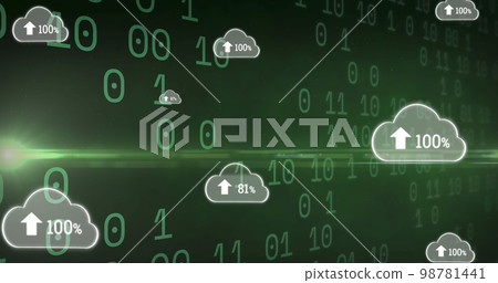 Image of clouds with uploading over binary code on green background 98781441