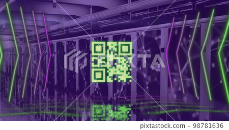 Image of yellow qr code and neon lights over networks and computer server room 98781636