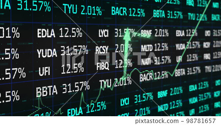 Image of stock market with graph and arrows on black background Image of stock market with graph and arrows on black background 98781657