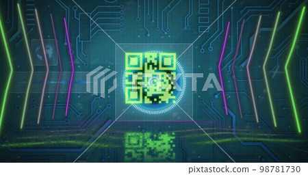 Image of qr code over circles with arrows against circuit board pattern and globe Image of qr code over circles with arrows against circuit board pattern and globe 98781730