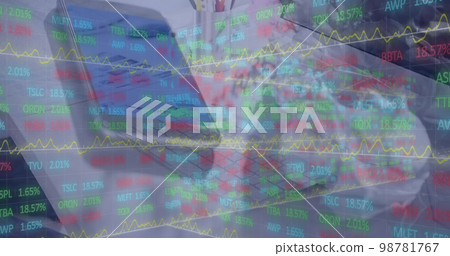 Image of stock market data processing against close up of a smartphone 98781767