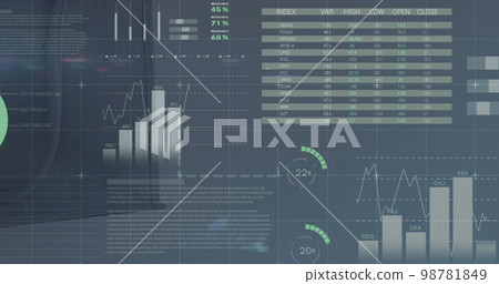 Image of statistics and data processing over stock market on screen 98781849