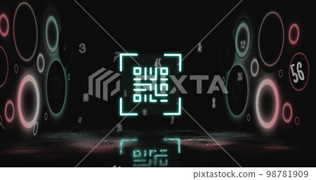 Digital image of glowing qr code against rows of using laptop qr code on black background Digital image of glowing qr code against rows of using laptop qr code on black background 98781909
