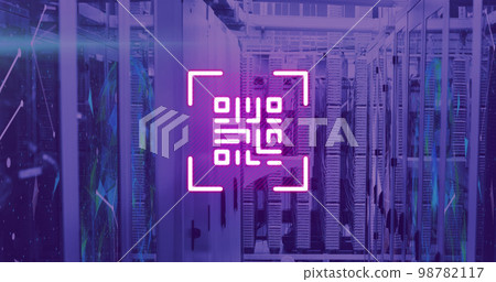 Image of neon qr code over server room in violet 98782117