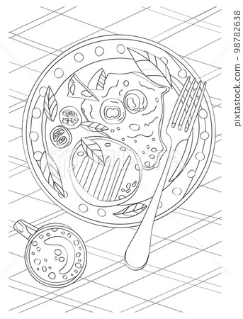 A plate of food and a cup. Vector antistress coloring book. A plate of food and a cup. Vector antistress coloring book. 98782638