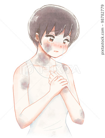 手寫的水彩風格插圖，一個因身體虐待而受傷的孩子的插圖 98782779