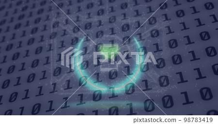 Image of neon circle with hourglass over binary code on digital screen Image of neon circle with hourglass over binary code on digital screen 98783419