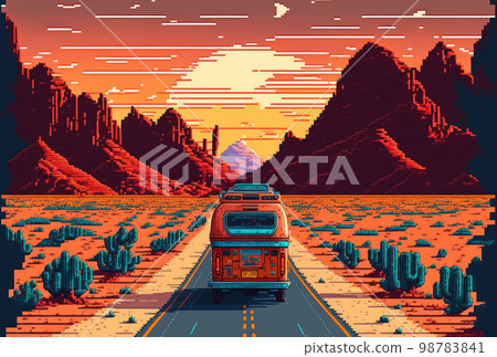 Camper van travel road trip beautiful view landscape pixel art style background. 98783841