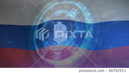 Composite of bitcoin cryptocurrency sign, scope and flag of russia 98783911