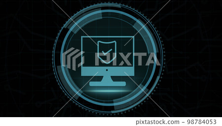 Composition of online security shield icon on black background Composition of online security shield icon on black background 98784053